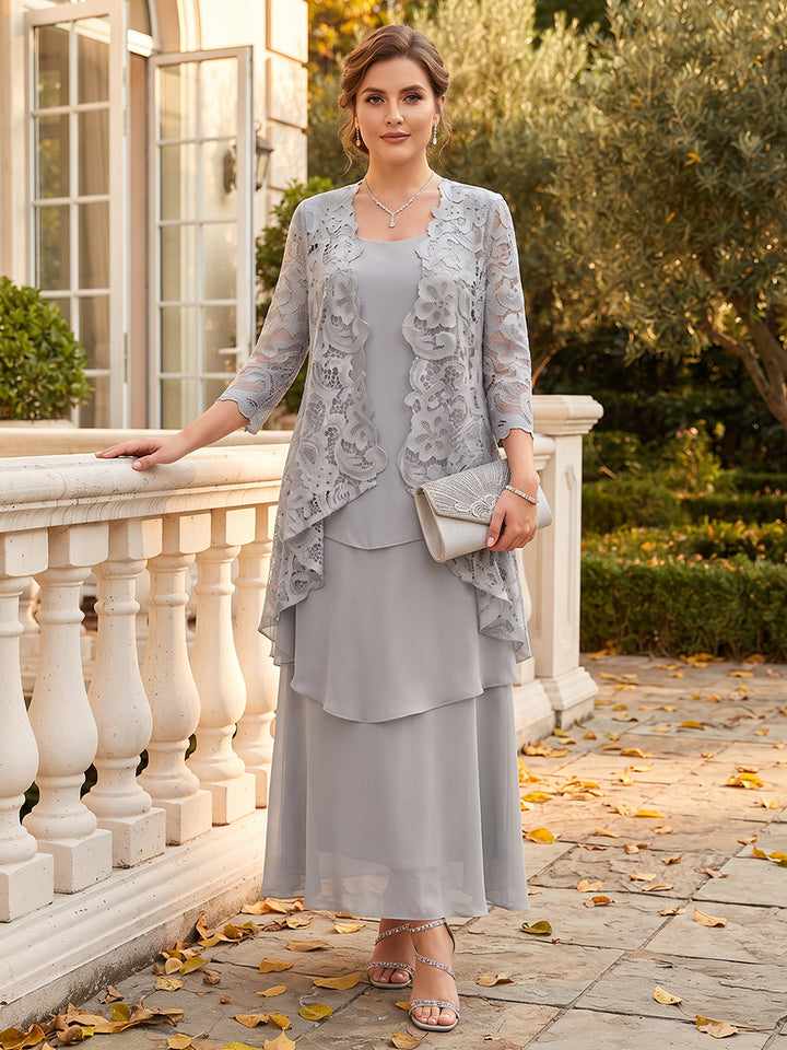 Sheath/Column 2 Pieces Scoop 3/4 Sleeves Chiffon Floor-Length Plus Size Mother of the Bride Dresses with Jacket&amp;Lace
