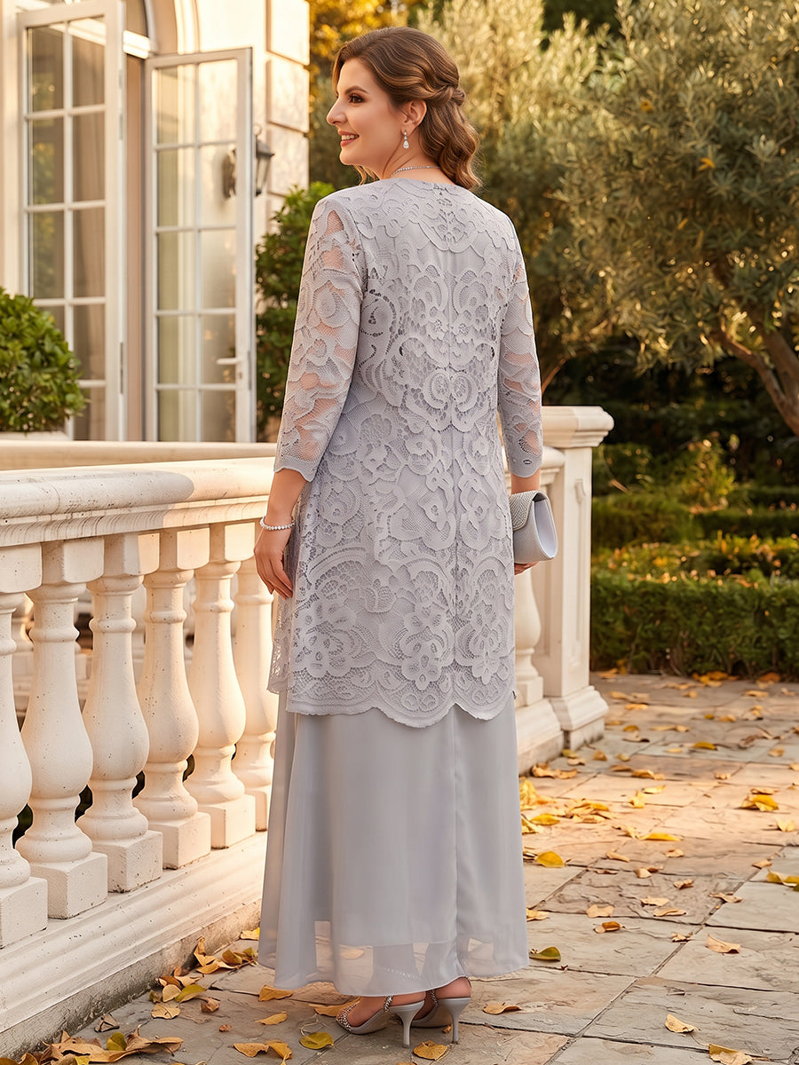Sheath/Column 2 Pieces Scoop 3/4 Sleeves Chiffon Floor-Length Plus Size Mother of the Bride Dresses with Jacket&amp;Lace