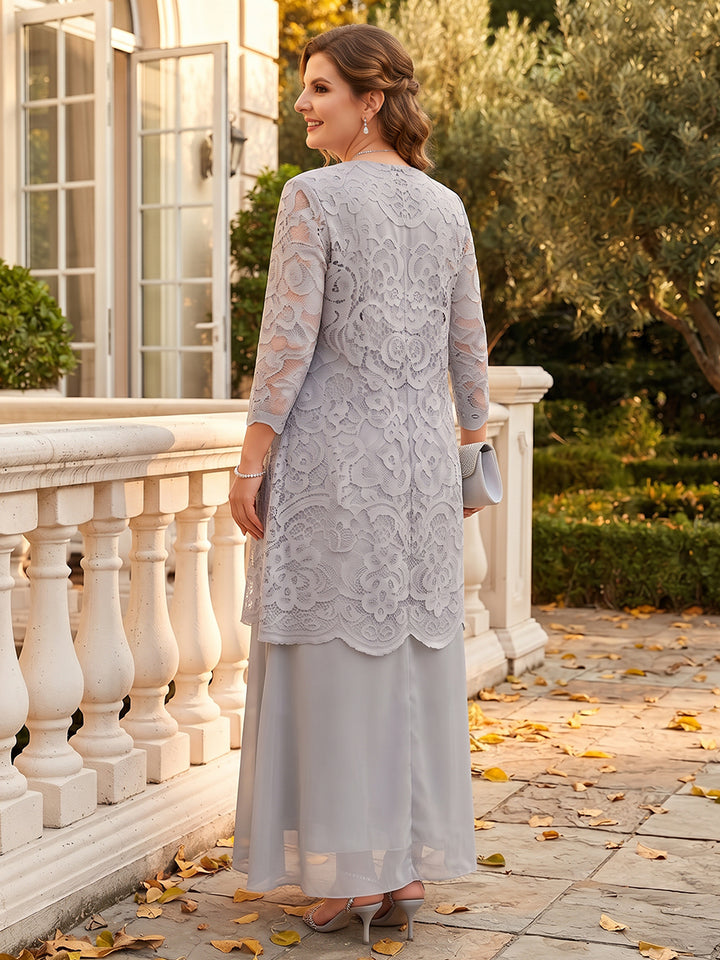 Sheath/Column 2 Pieces Scoop 3/4 Sleeves Chiffon Floor-Length Plus Size Mother of the Bride Dresses with Jacket&amp;Lace