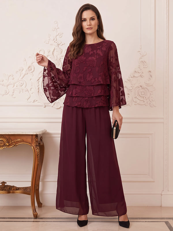 Jumpsuits Scoop 3/4 Sleeves Chiffon Floor-Length Mother of the Bride Dresses with Tiered&Florals