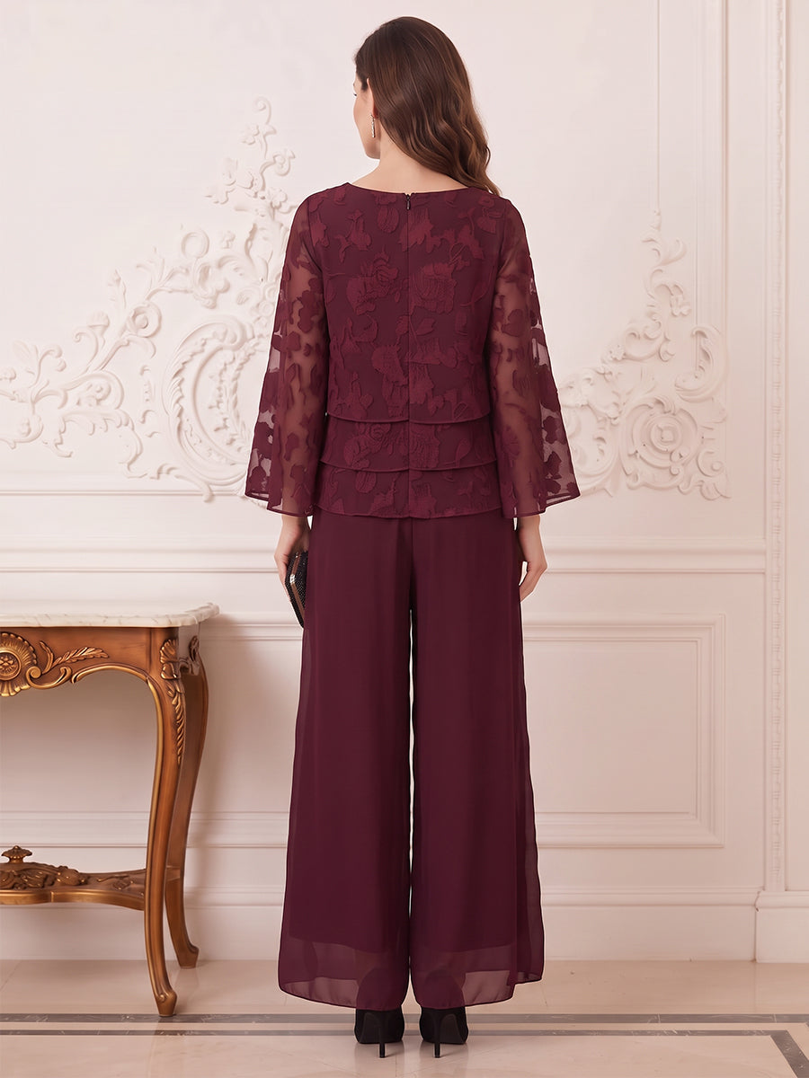Jumpsuits Scoop 3/4 Sleeves Chiffon Floor-Length Mother of the Bride Dresses with Tiered&amp;Florals