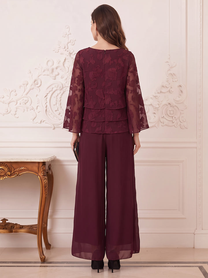 Jumpsuits Scoop 3/4 Sleeves Chiffon Floor-Length Mother of the Bride Dresses with Tiered&amp;Florals