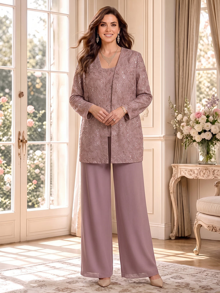 Jumpsuits Scoop Long Sleeves Chiffon Floor-Length Mother of the Bride Dresses with Jacket&amp;Lace