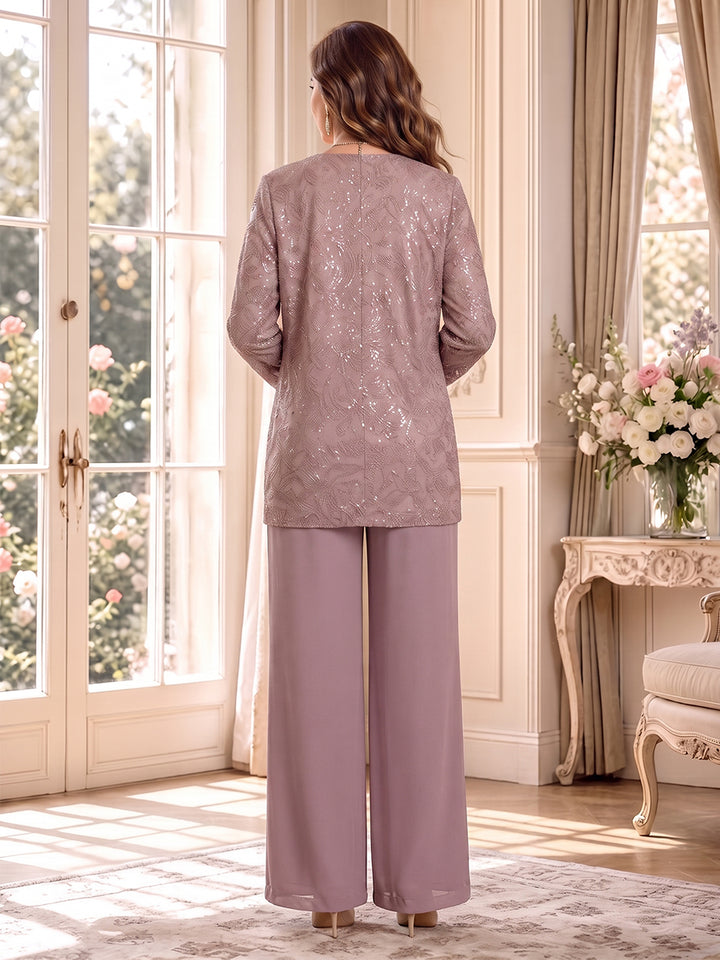 Jumpsuits Scoop Long Sleeves Chiffon Floor-Length Mother of the Bride Dresses with Jacket&amp;Lace