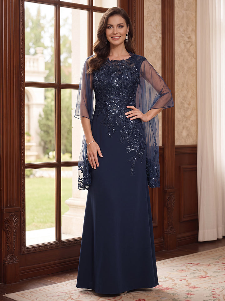 Sheath/Column Scoop Sleeveless Chiffon Floor-Length Mother of the Bride Dresses with Applique&amp;Shawl