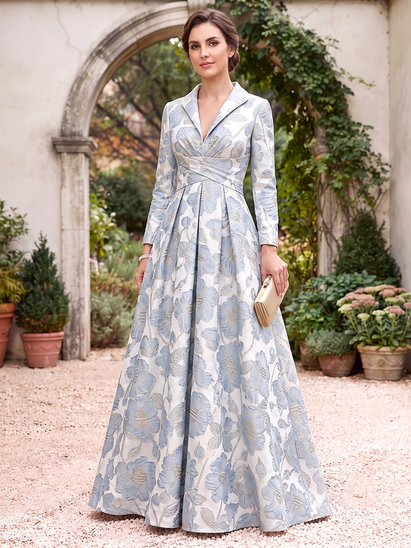 A-Line/Princess V-Neck Long Sleeves Jacquard Floor-Length Mother of the Bride Dresses with Ruched