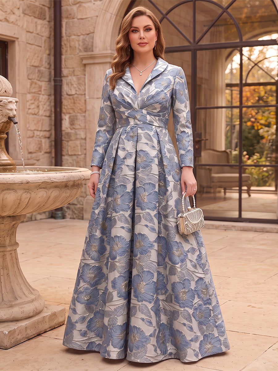 A-Line/Princess V-Neck Long Sleeves Jacquard Floor-Length Plus Size Mother of the Bride Dresses with Ruched