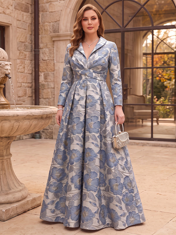 A-Line/Princess V-Neck Long Sleeves Jacquard Floor-Length Plus Size Mother of the Bride Dresses with Ruched
