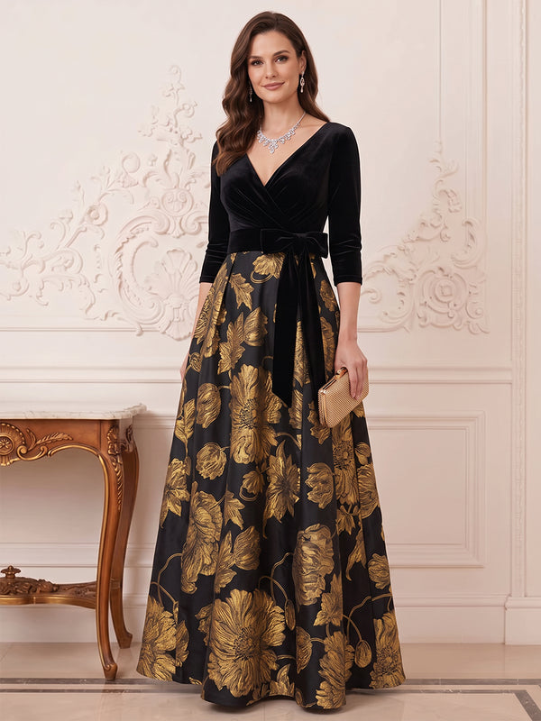 A-Line/Princess V-Neck 3/4 Sleeves Jacquard Floor-Length Mother of the Bride Dresses with Bowknot