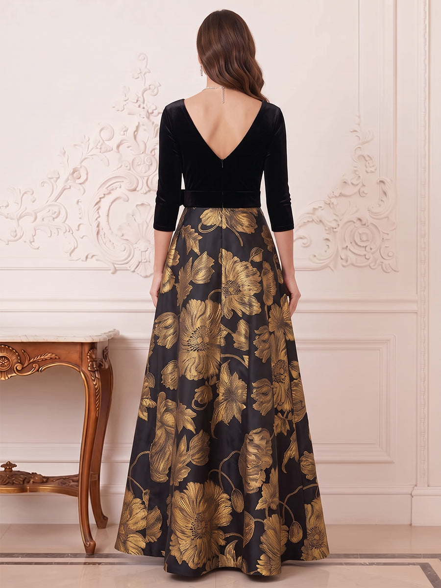 A-Line/Princess V-Neck 3/4 Sleeves Jacquard Floor-Length Mother of the Bride Dresses with Bowknot