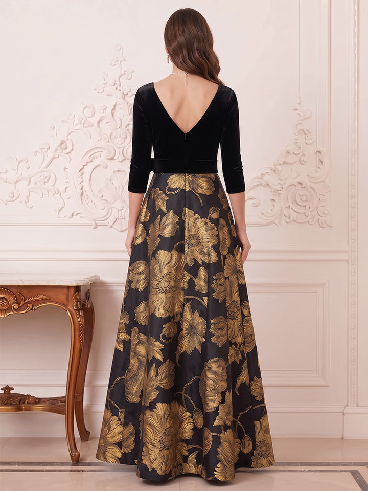 A-Line/Princess V-Neck 3/4 Sleeves Jacquard Floor-Length Mother of the Bride Dresses with Bowknot