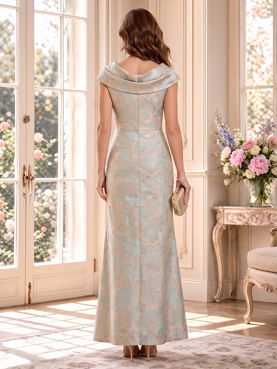 Sheath/Column Cowl Neck Cap Sleeves Jacquard Floor-Length Mother of the Bride Dresses with Pleats