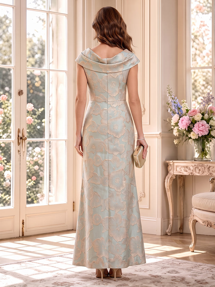 Sheath/Column Cowl Neck Cap Sleeves Jacquard Floor-Length Mother of the Bride Dresses with Pleats