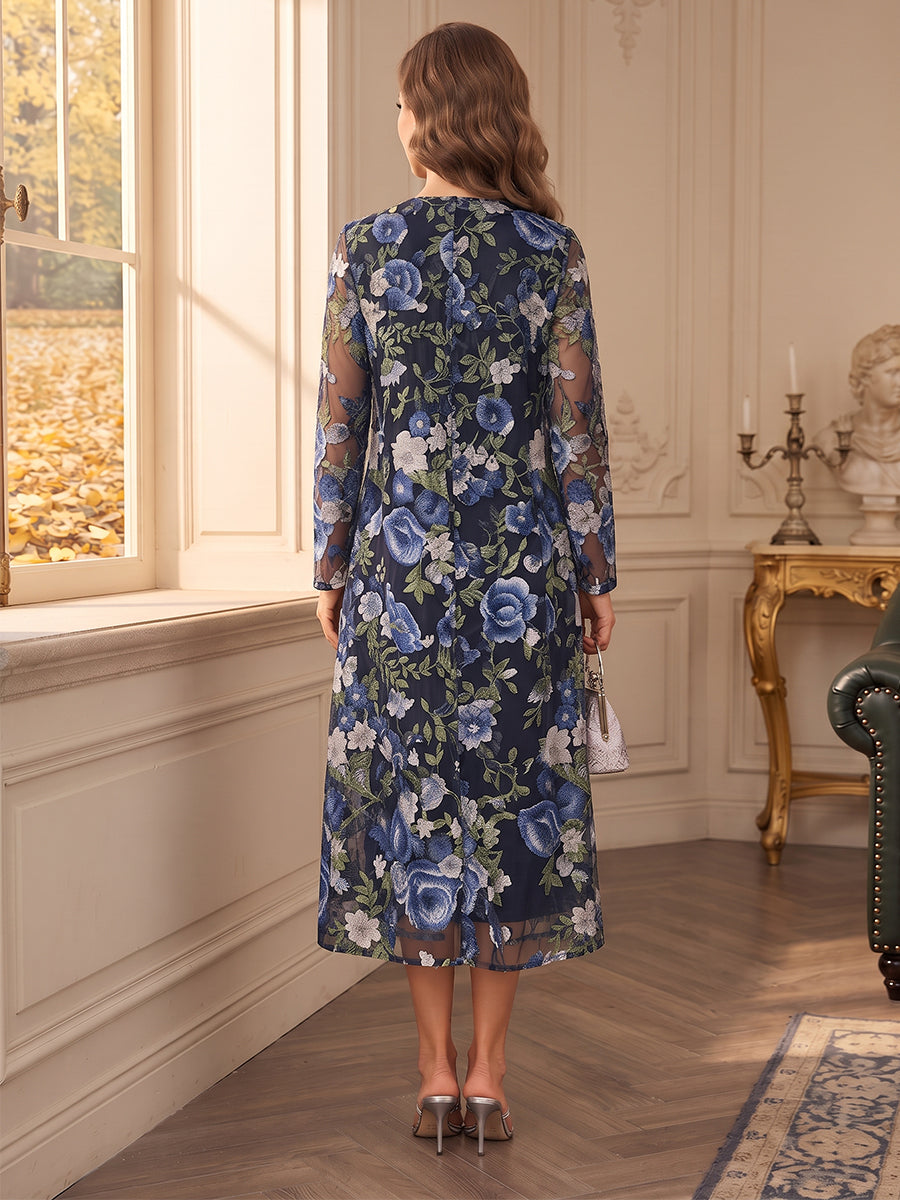 Sheath/Column Scoop Long Sleeves Tulle Tea-Length Mother of the Bride Dresses with Florals