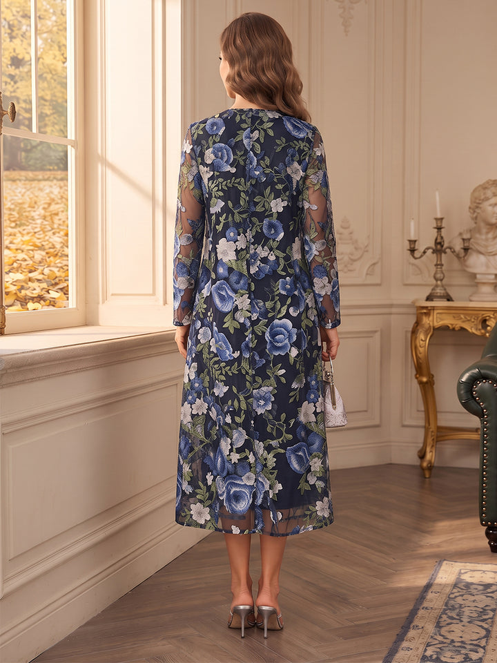 Sheath/Column Scoop Long Sleeves Tulle Tea-Length Mother of the Bride Dresses with Florals