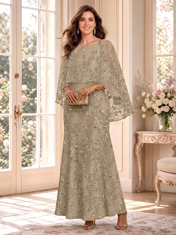 Sheath/Column Scoop Cap Sleeves Tulle Floor-Length Mother of the Bride Dresses with Sequins & Appliques