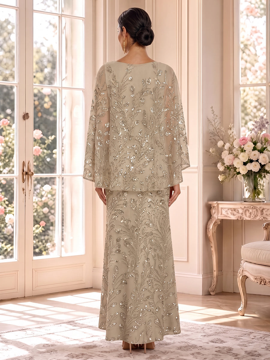 Sheath/Column Scoop Cap Sleeves Tulle Floor-Length Mother of the Bride Dresses with Sequins &amp; Appliques