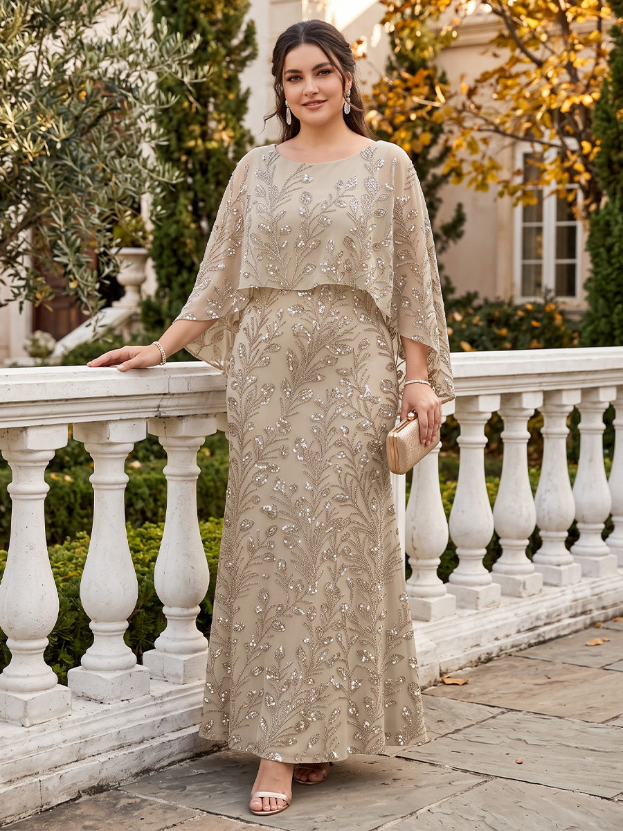 Sheath/Column Scoop Cap Sleeves Tulle Sequin Floor-Length Plus Size Mother of the Bride Dresses with Sequins&amp;Appliques