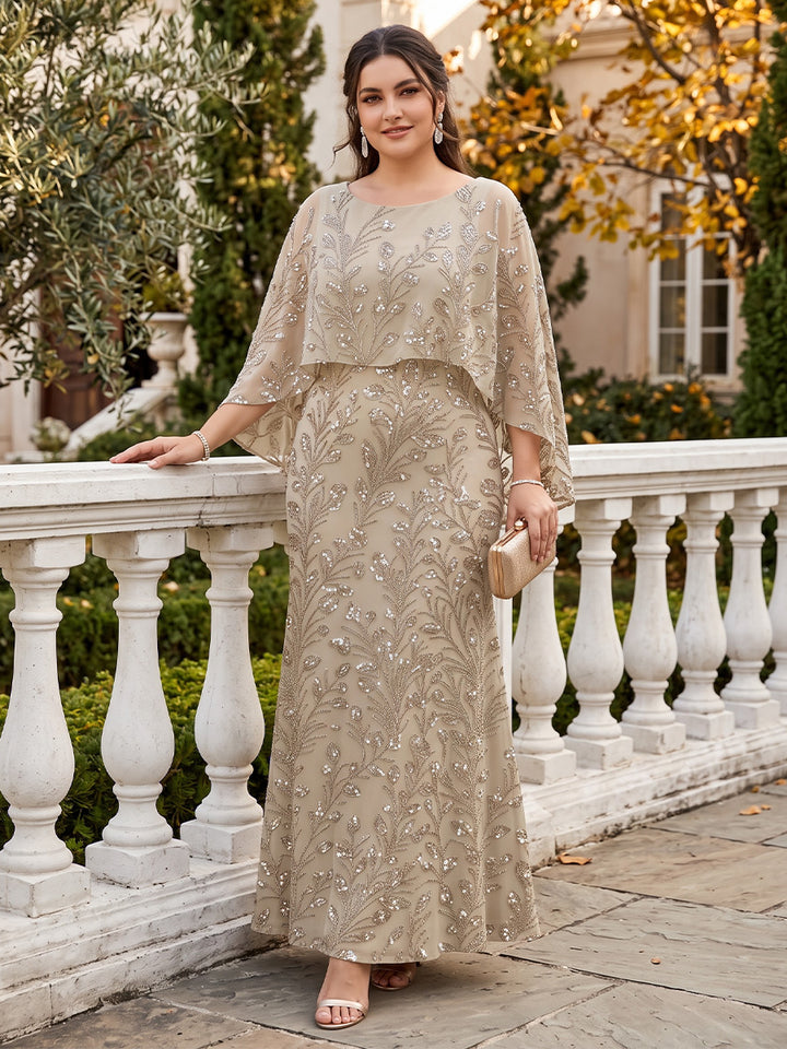 Sheath/Column Scoop Cap Sleeves Tulle Sequin Floor-Length Plus Size Mother of the Bride Dresses with Sequins&amp;Appliques
