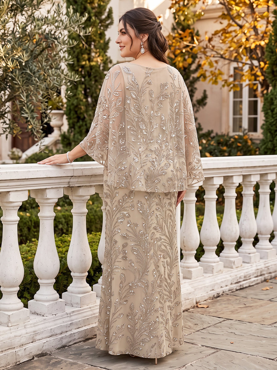Sheath/Column Scoop Cap Sleeves Tulle Sequin Floor-Length Plus Size Mother of the Bride Dresses with Sequins&amp;Appliques