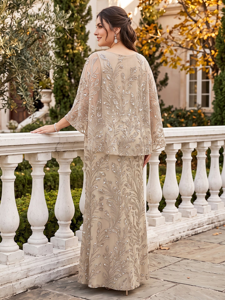 Sheath/Column Scoop Cap Sleeves Tulle Sequin Floor-Length Plus Size Mother of the Bride Dresses with Sequins&amp;Appliques