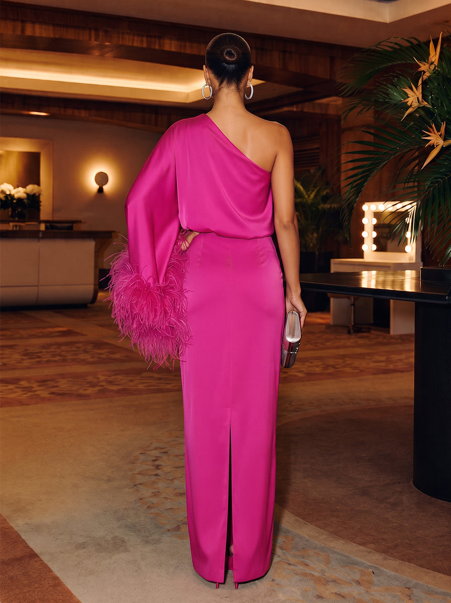 Sheath/Column One-Shoulder 3/4 Sleeves Silk Satin Floor-Length Evening Dresses with Feather