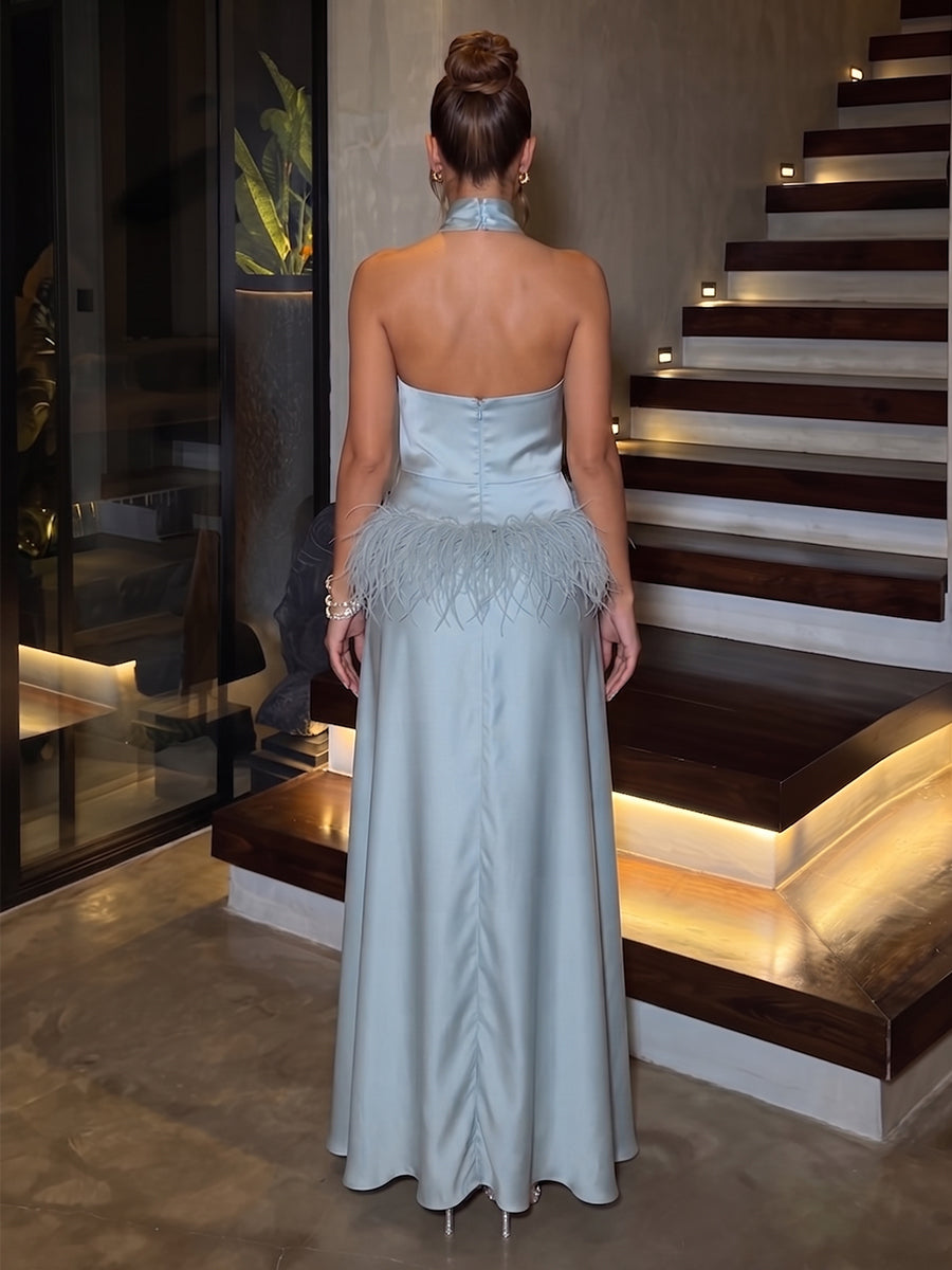 A-Line/Princess Halter Sleeveless Silk Satin Floor-Length Evening Dresses with Feather
