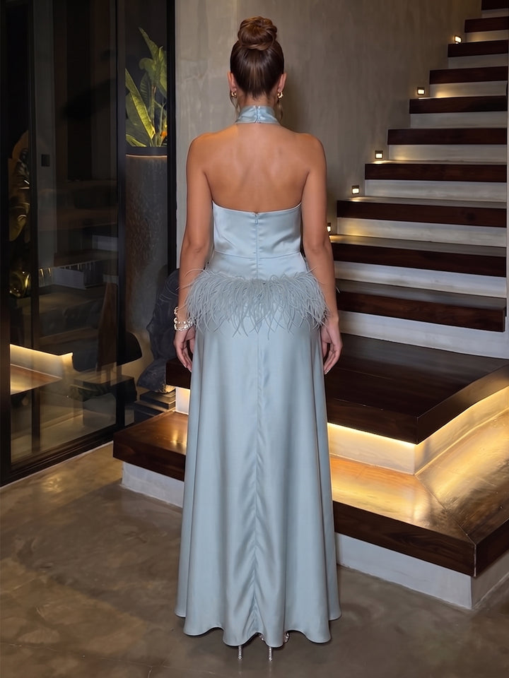 A-Line/Princess Halter Sleeveless Silk Satin Floor-Length Evening Dresses with Feather