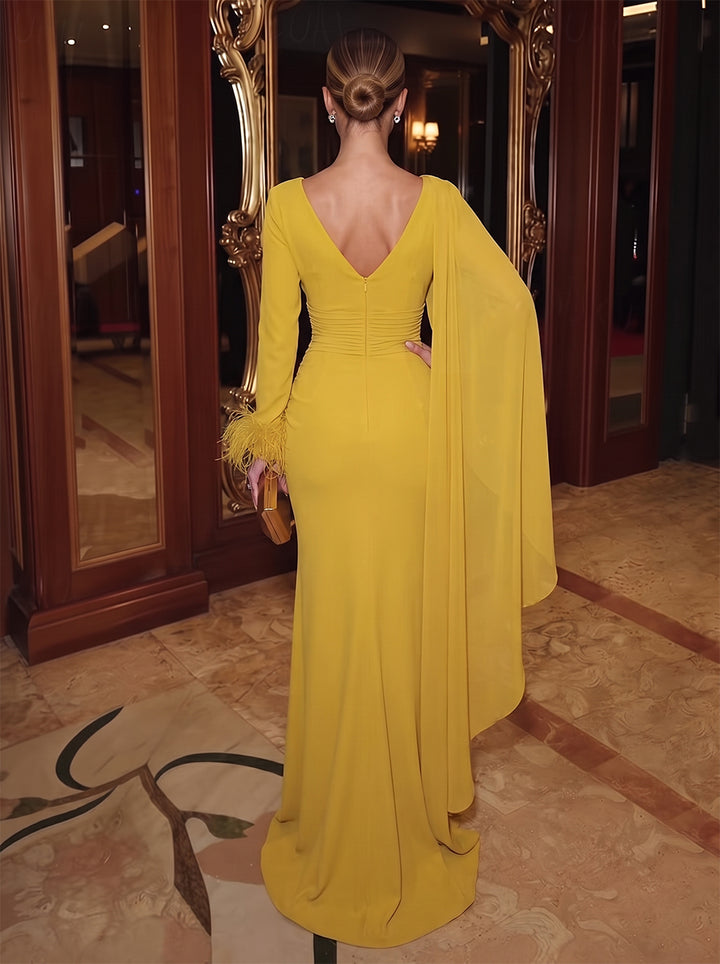Sheath/Column V-Neck Cap Sleeves Chiffon Floor-Length Evening Dresses with Feather&amp;Pleats