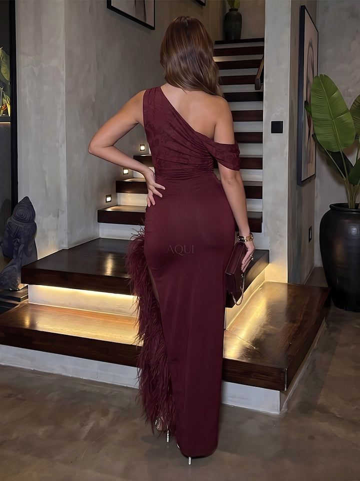 Sheath/Column Off-the-Shoulder Sleeveless Chiffon Floor-Length Evening Dresses with Florals&amp;Feather