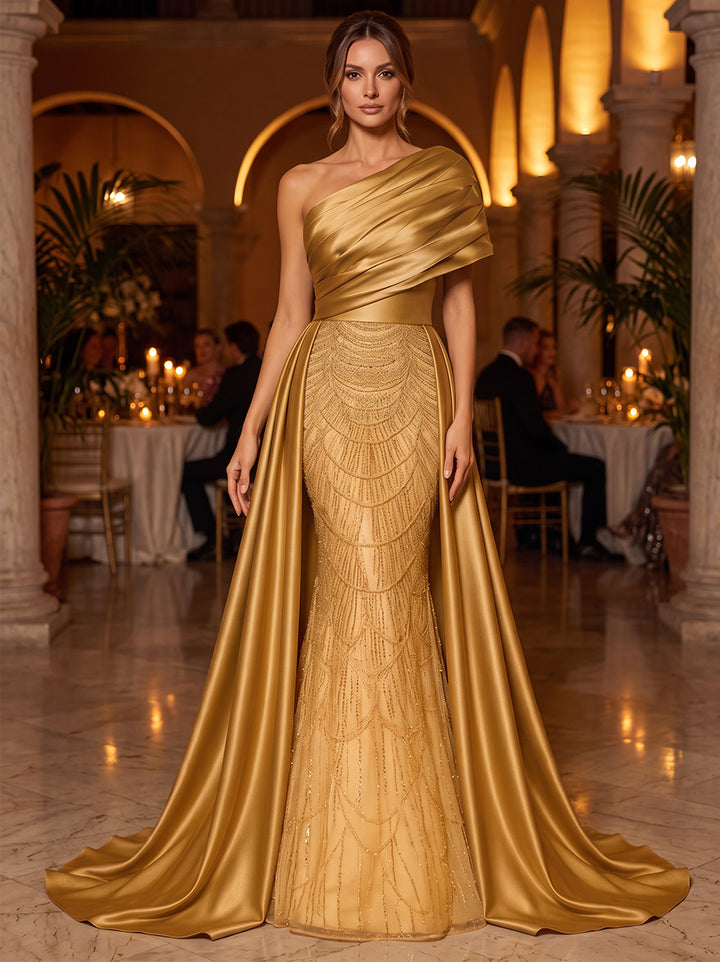 A-Line/Princess One-Shoulder Sleeveless Satin Floor-Length Evening Dresses with Sequins