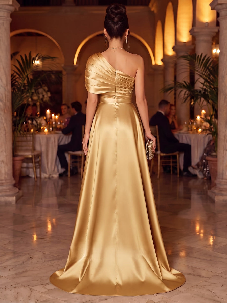 A-Line/Princess One-Shoulder Sleeveless Satin Floor-Length Evening Dresses with Sequins