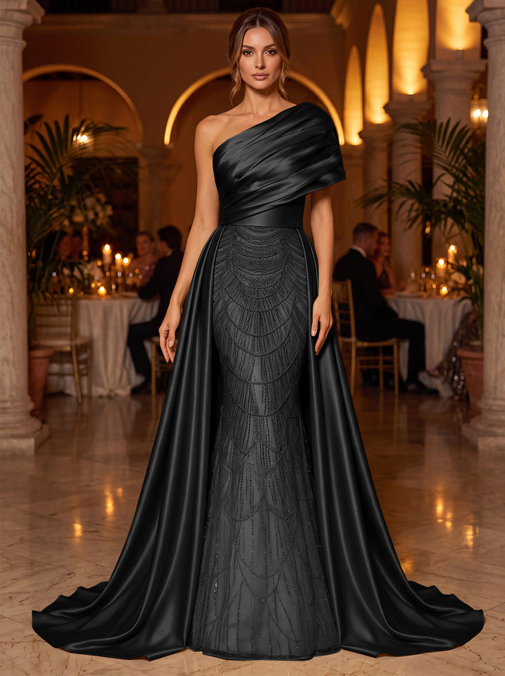 A-Line/Princess One-Shoulder Sleeveless Satin Floor-Length Evening Dresses with Sequins