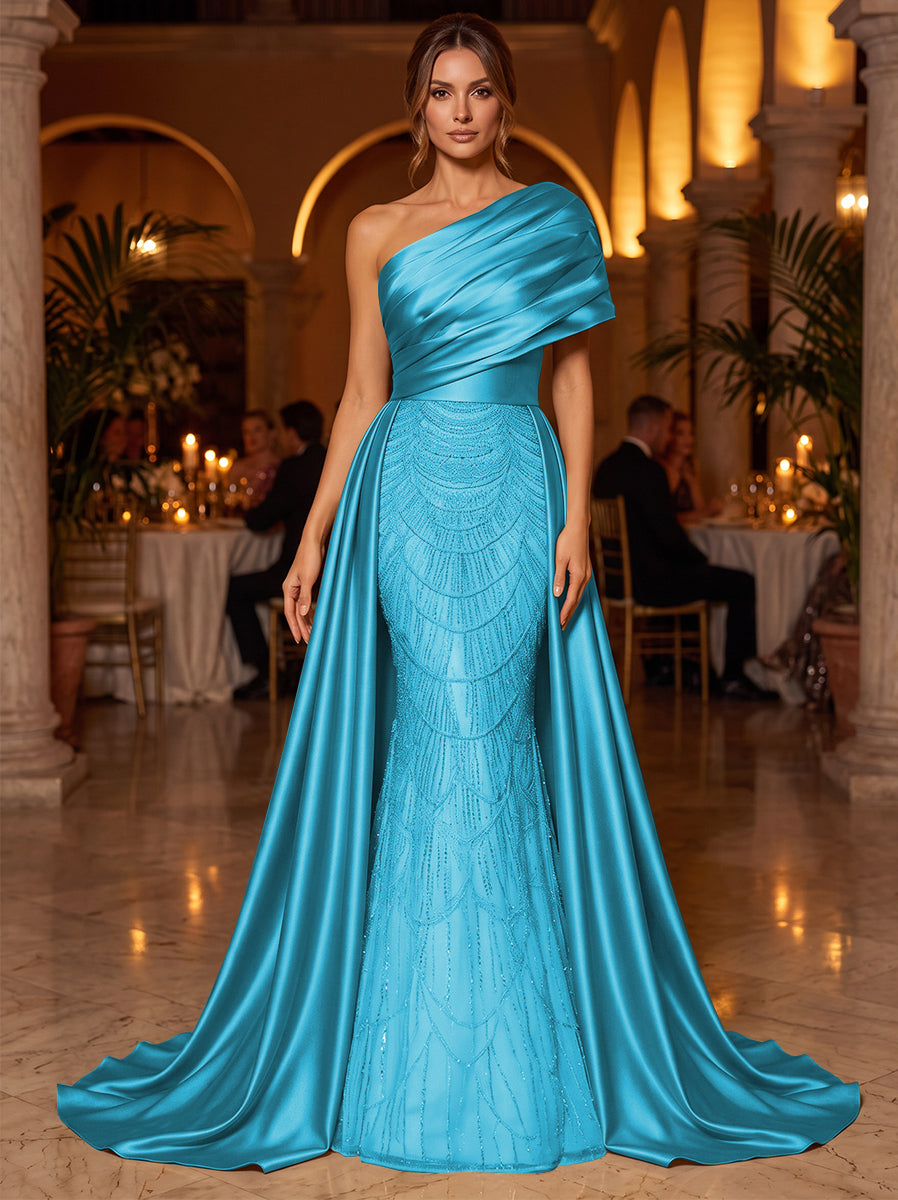 A-Line/Princess One-Shoulder Sleeveless Satin Floor-Length Evening Dresses with Sequins