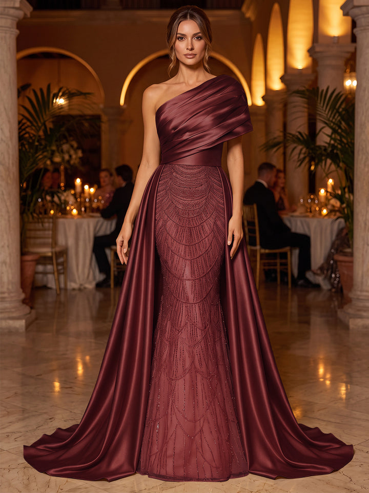 A-Line/Princess One-Shoulder Sleeveless Satin Floor-Length Evening Dresses with Sequins