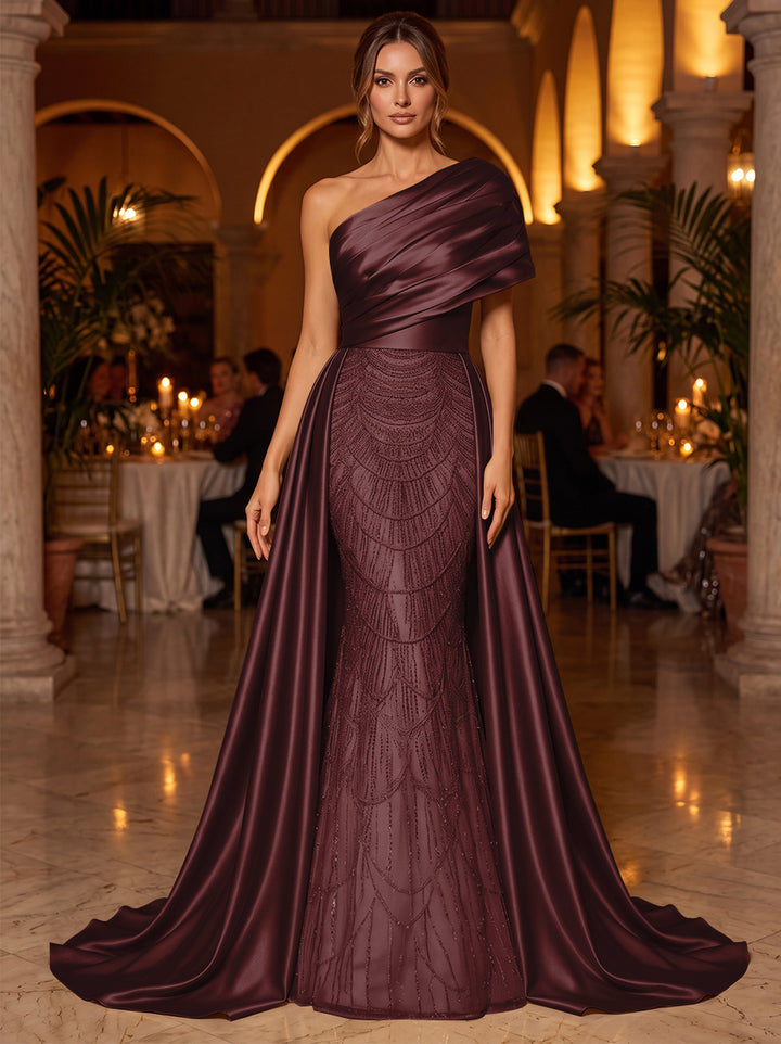 A-Line/Princess One-Shoulder Sleeveless Satin Floor-Length Evening Dresses with Sequins