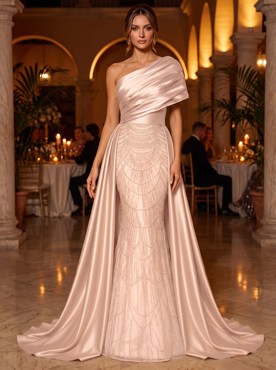 A-Line/Princess One-Shoulder Sleeveless Satin Floor-Length Evening Dresses with Sequins