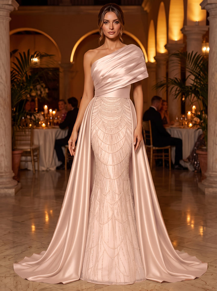 A-Line/Princess One-Shoulder Sleeveless Satin Floor-Length Evening Dresses with Sequins