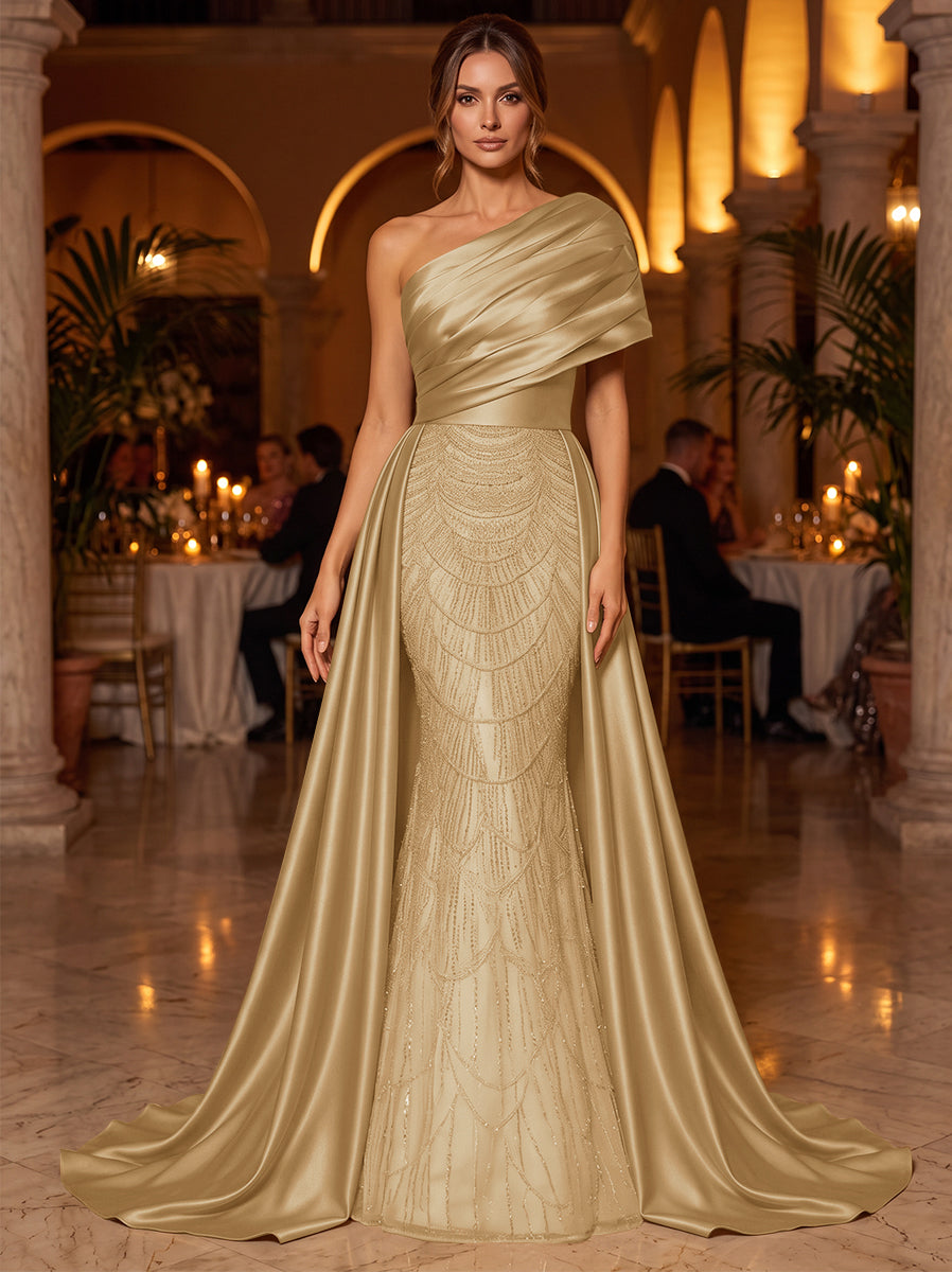 A-Line/Princess One-Shoulder Sleeveless Satin Floor-Length Evening Dresses with Sequins