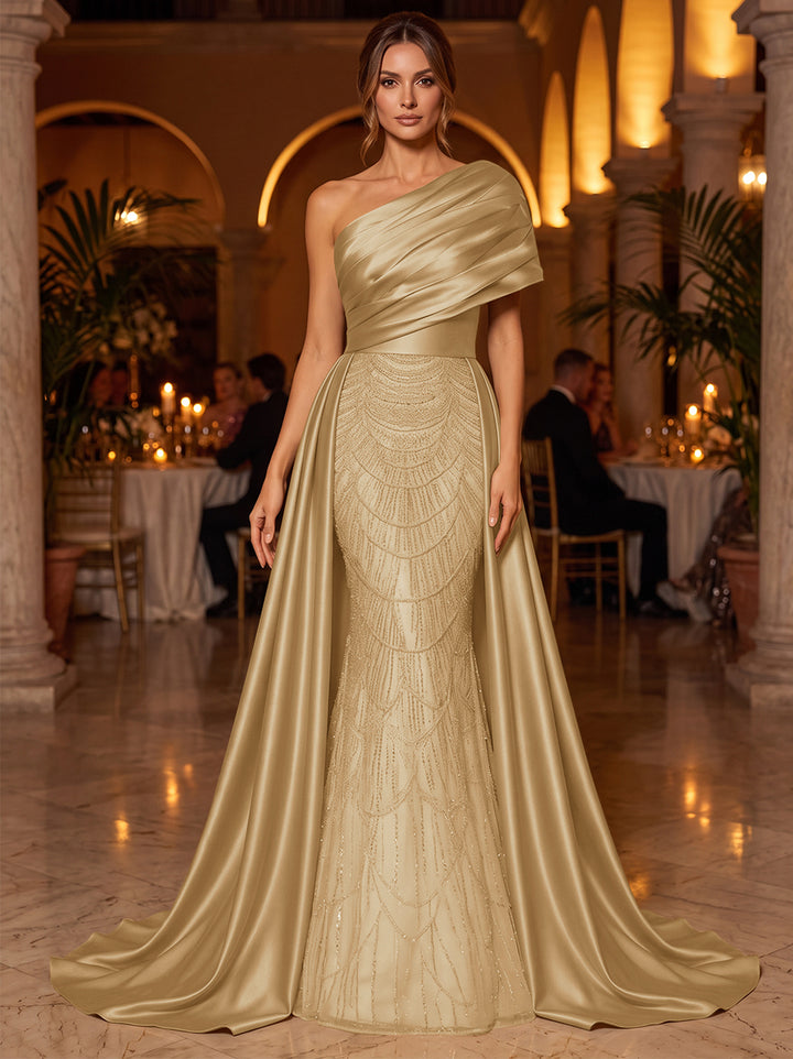 A-Line/Princess One-Shoulder Sleeveless Satin Floor-Length Evening Dresses with Sequins