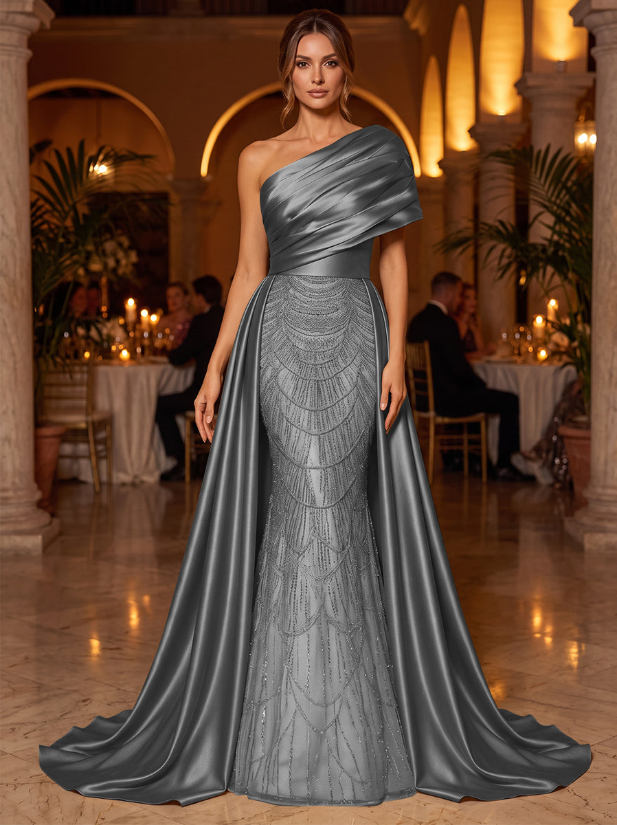 A-Line/Princess One-Shoulder Sleeveless Satin Floor-Length Evening Dresses with Sequins