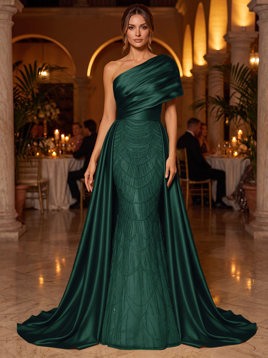 A-Line/Princess One-Shoulder Sleeveless Satin Floor-Length Evening Dresses with Sequins