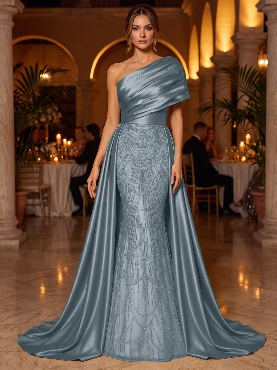 A-Line/Princess One-Shoulder Sleeveless Satin Floor-Length Evening Dresses with Sequins