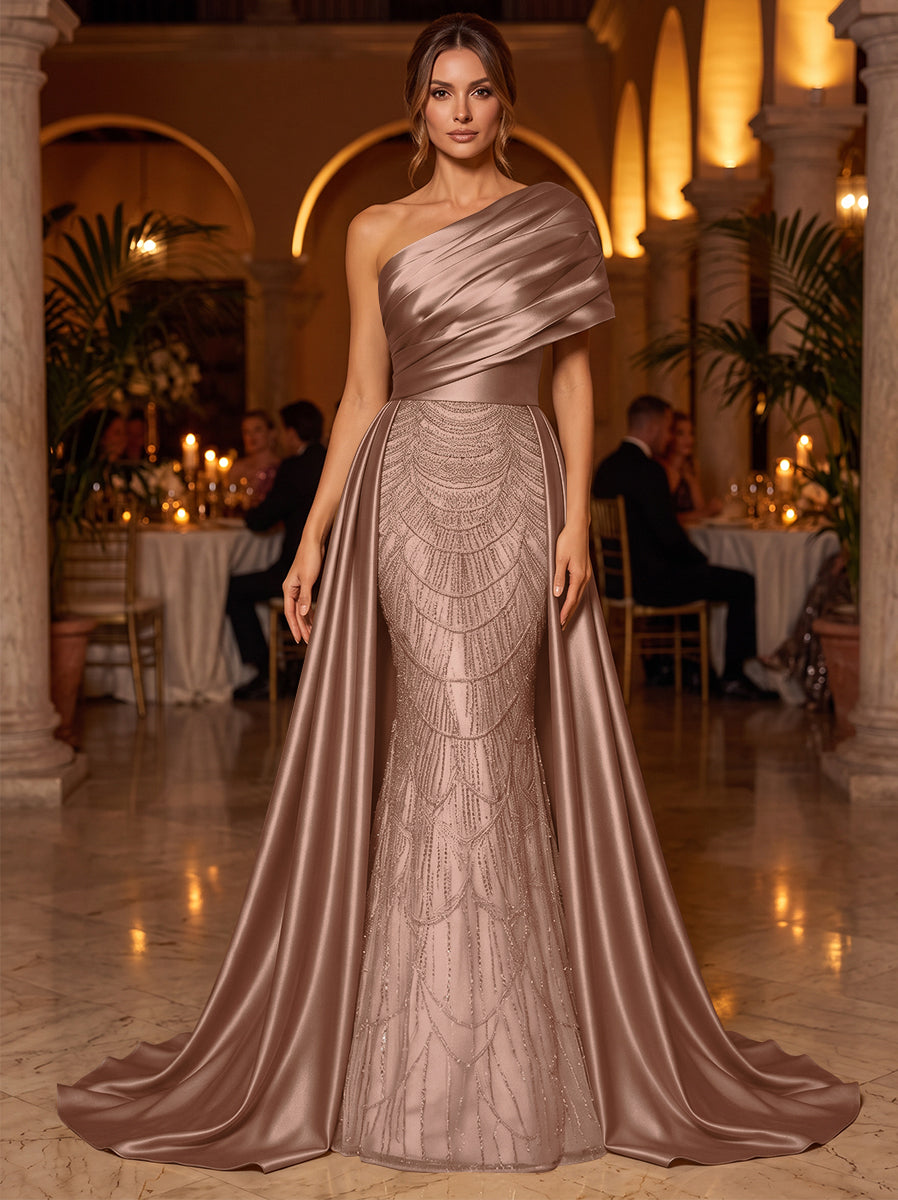 A-Line/Princess One-Shoulder Sleeveless Satin Floor-Length Evening Dresses with Sequins