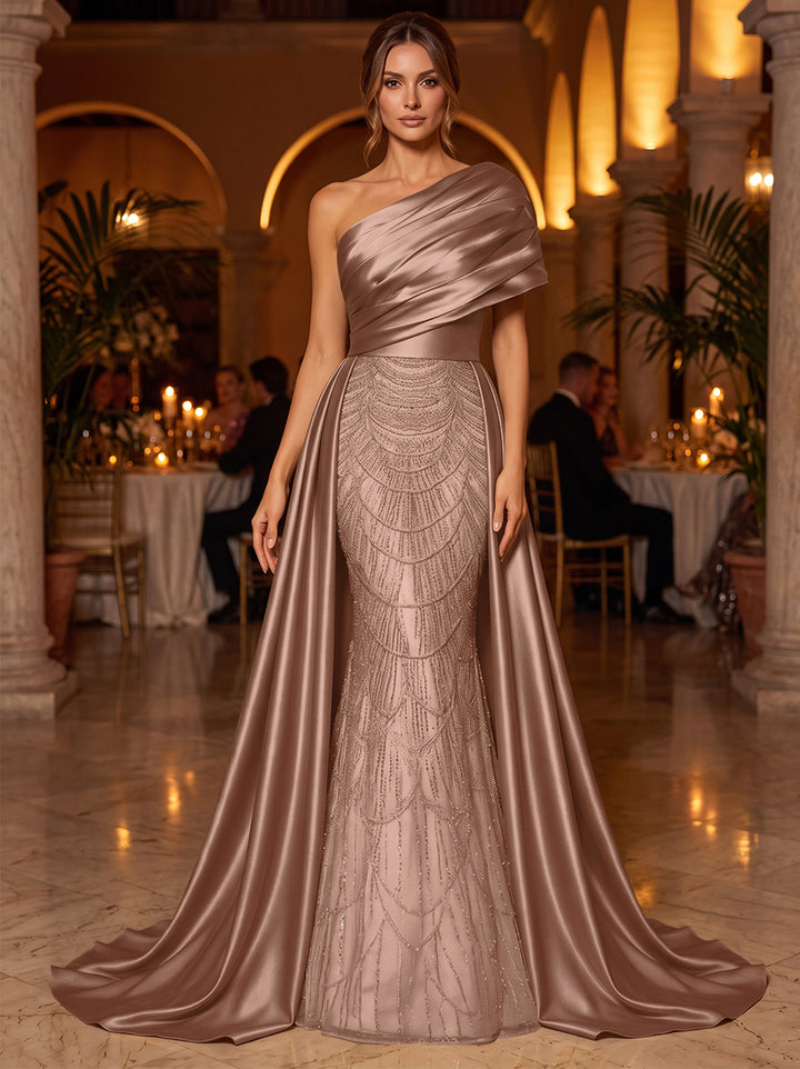 A-Line/Princess One-Shoulder Sleeveless Satin Floor-Length Evening Dresses with Sequins