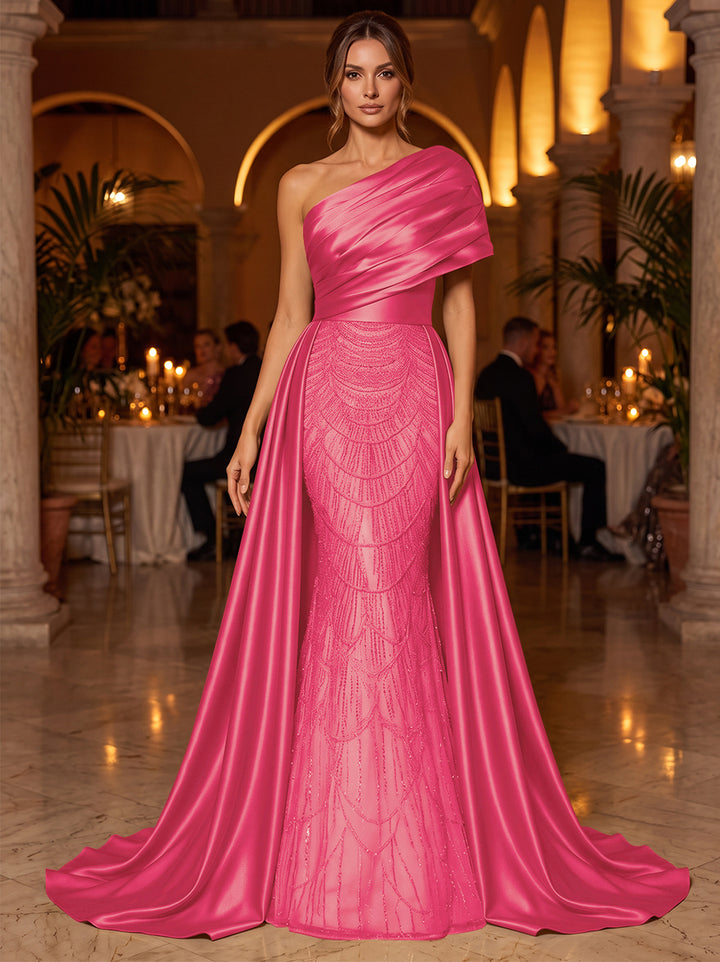 A-Line/Princess One-Shoulder Sleeveless Satin Floor-Length Evening Dresses with Sequins