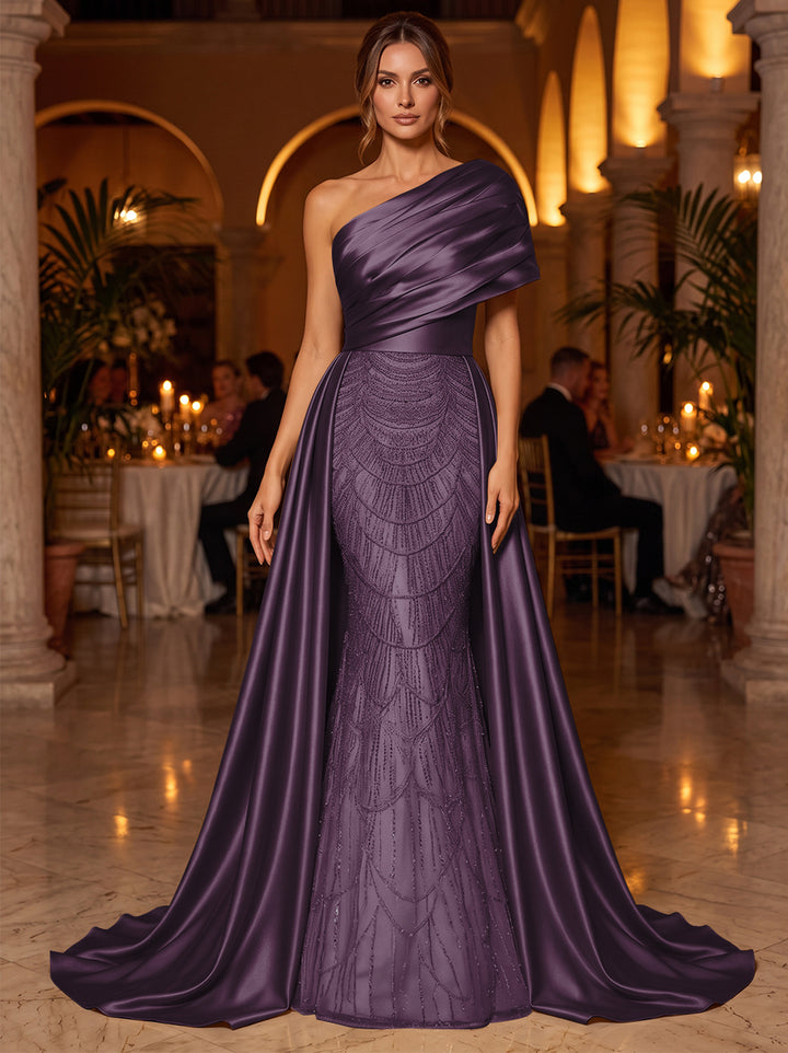 A-Line/Princess One-Shoulder Sleeveless Satin Floor-Length Evening Dresses with Sequins