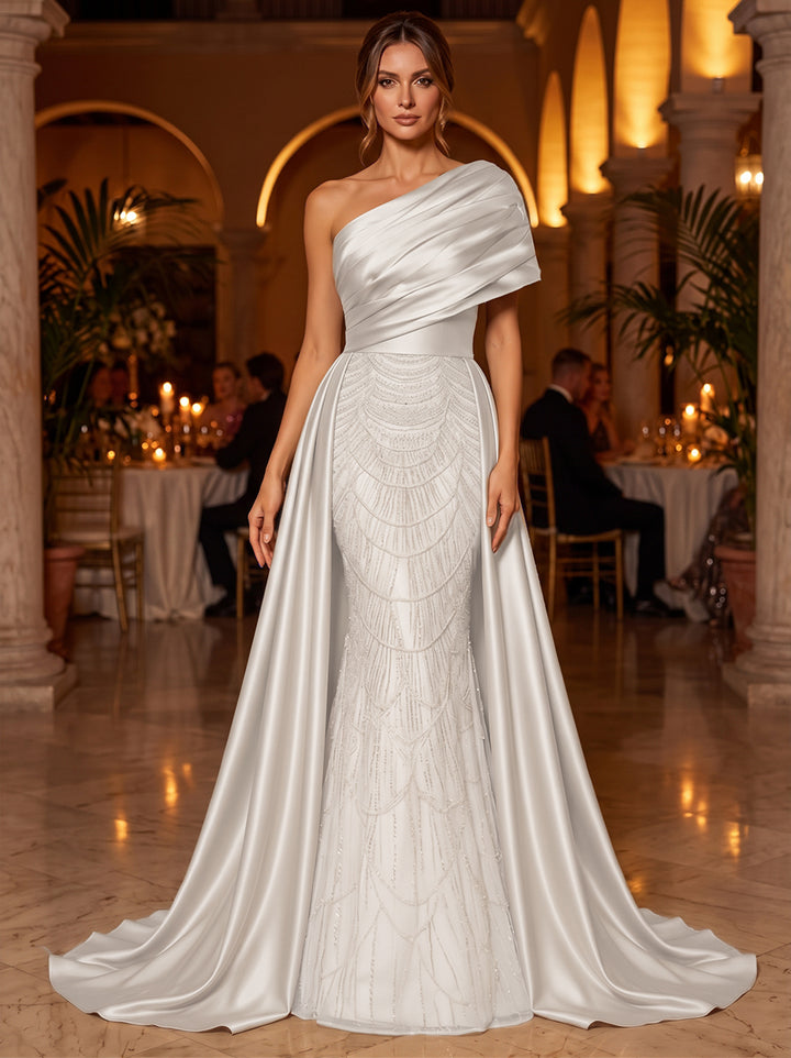 A-Line/Princess One-Shoulder Sleeveless Satin Floor-Length Evening Dresses with Sequins