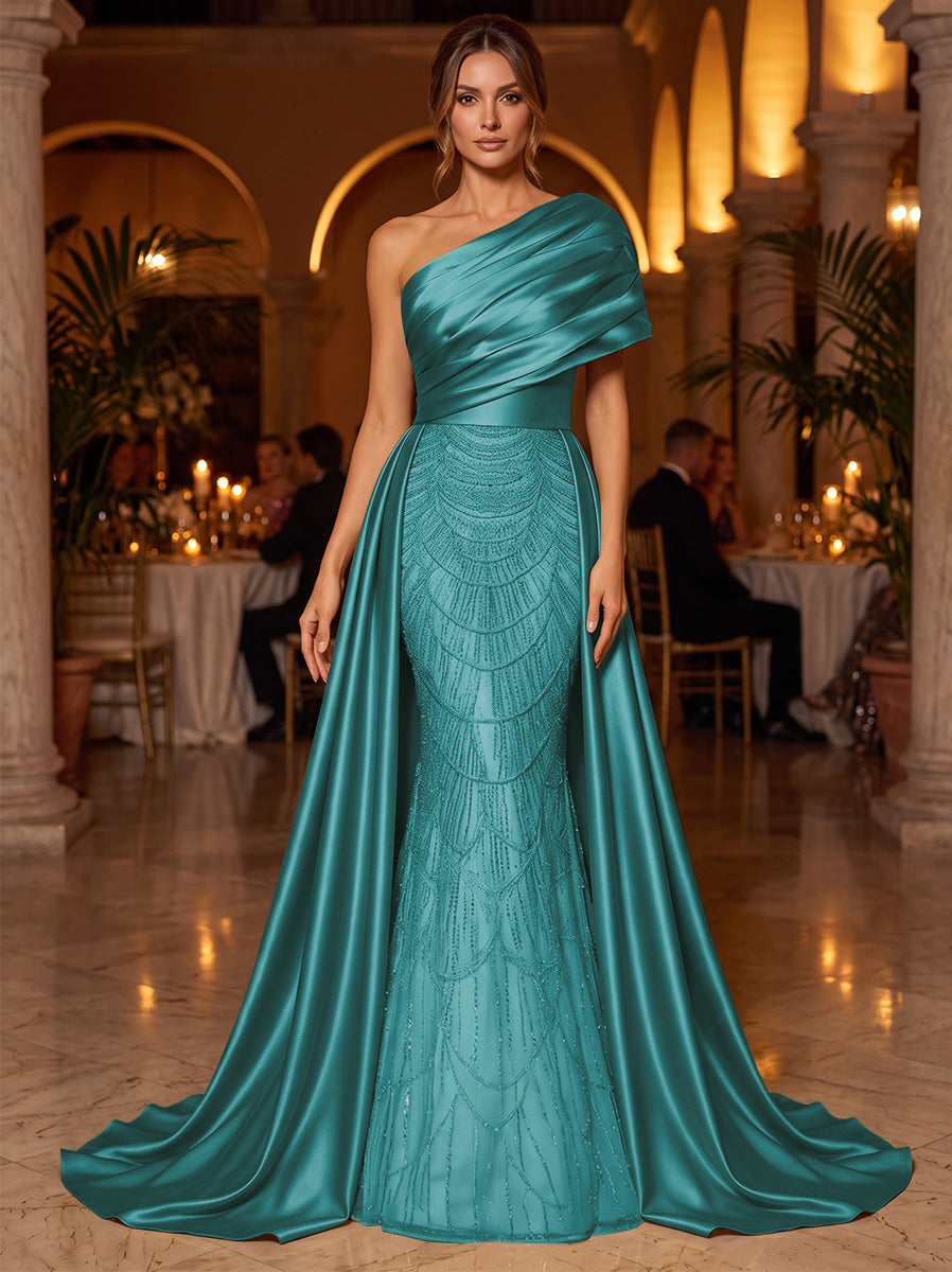 A-Line/Princess One-Shoulder Sleeveless Satin Floor-Length Evening Dresses with Sequins