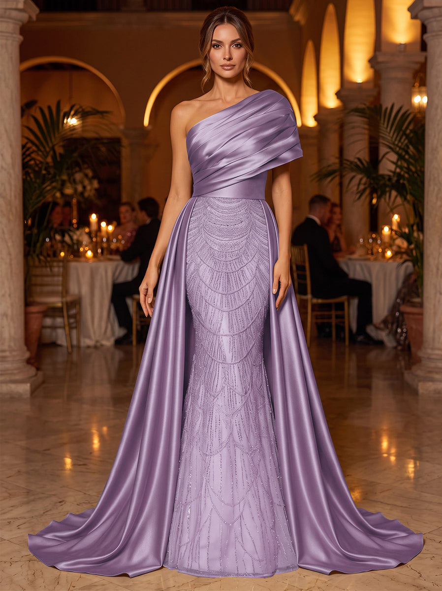 A-Line/Princess One-Shoulder Sleeveless Satin Floor-Length Evening Dresses with Sequins